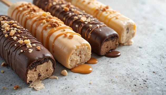 Four chocolate and caramel coated ice cream bars topped with chopped nuts and drizzled sauce melting on a textured gray surface