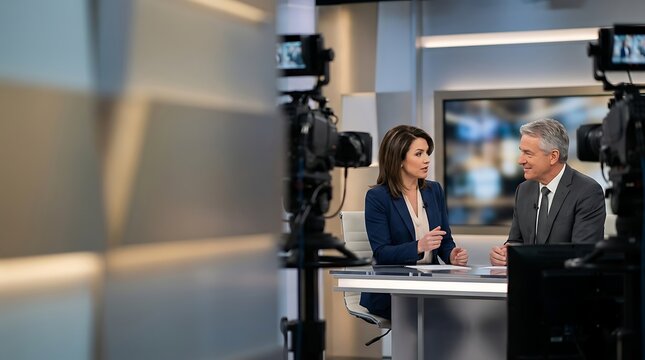 Professional news anchors discussing current events in a tv studio