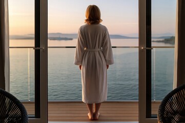 Fototapeta premium Woman in bathrobe on balcony at sunset overlooking calm ocean, luxury relaxation vacation
