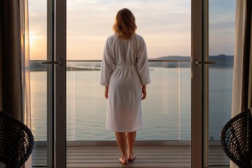 Obraz premium Woman in bathrobe on balcony overlooking serene ocean sunset from luxury resort hotel