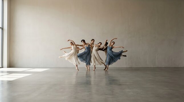 Group of contemporary dancers performing in a minimalist studio