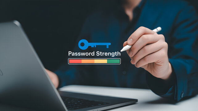 Person checking password strength on laptop with key icon and progress bar