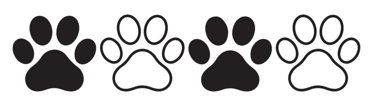 Black and white animal paw prints on transparent background, vector pet footprint illustration.