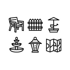 Obraz premium Minimalist garden icons set, outdoor furniture and landscape elements, black line vector illustrations for park and backyard planning
