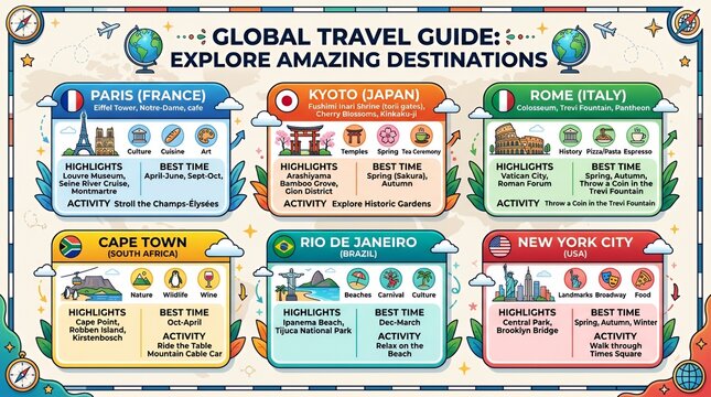 Global travel guide featuring highlights for popular international destinations.