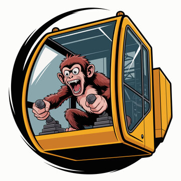 Cartoon monkey in excavator cabin.