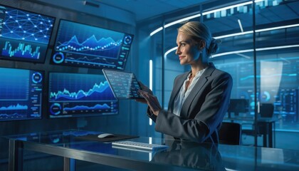Fototapeta premium Businessman in blue suit analyzing stock market data on digital screens