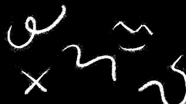 Grunge white chalk scribbles squiggles cross marks hand drawn abstract textured black background for creative overlays and edgy design projects.