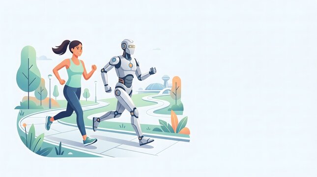 Stylized illustration of humanoid robot jogging alongside a human on a winding path in a park