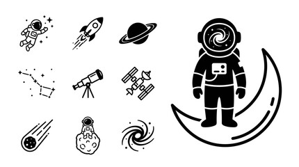 Astronaut, Rocket, Planet, Telescope, Stars, Space Icons Set © khami