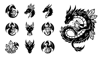 Dragon Crystal Icons Set - Mythical Creatures and Gemstones Collection © khami