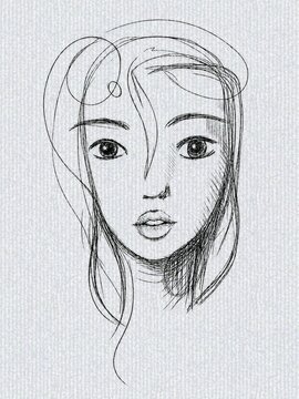 Hand drawn black ink sketch of a woman face. Artistic fine line portrait illustration of a beautiful young female on a subtle gray textured paper background