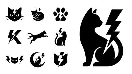 Black Cat Lightning Bolt Icons Set: Silhouette Collection for Energy, Power, and Magic © khami