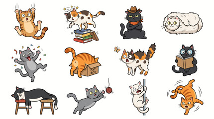 Fototapeta premium Collection of cartoon cats in various funny poses and expressions