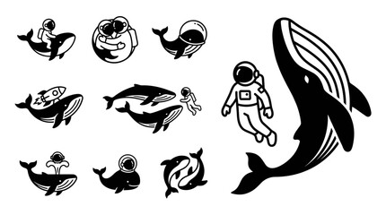 Obraz premium Astronauts and Whales Vector Illustrations: Space Exploration and Marine Life Fusion
