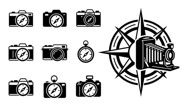 Vintage Camera and Compass Icons with Wind Rose and Retro Camera