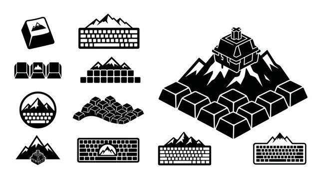 Keyboard Mountain Peak Adventure: Mechanical Keyboard, Keycaps, and Mountain Landscape Icons