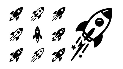 Rocket Ship Icons: Teamwork, Launch, Exploration, Speed, Success, Technology, Space Travel © khami