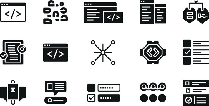 Web development and computer programming glyph icon set for software engineering application database backend system layout design vector