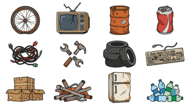 Junk and Scrap Cartoon Vector Set with Old Electronics, Tires, and Discarded Items Isolated on White