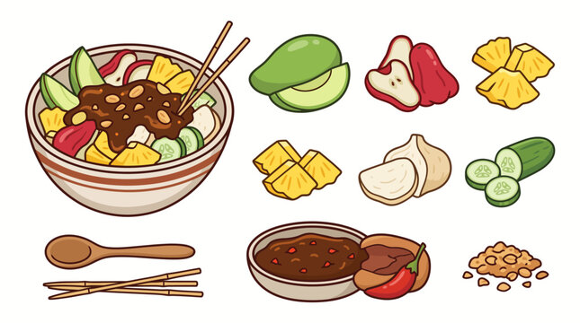 Indonesian Rujak Buah Spicy Fruit Salad and Ingredients Cartoon Vector Set