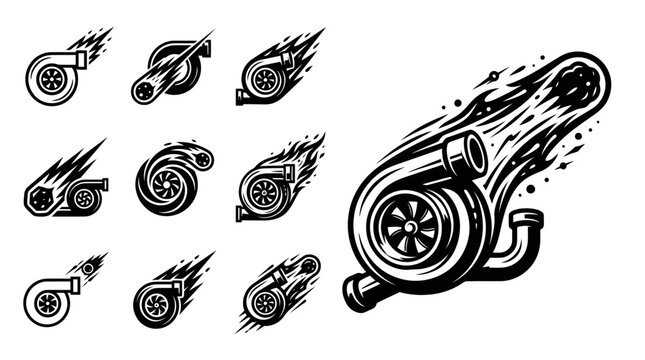 Turbocharger Icons with Flames: Speed, Power, Performance Boost, Racing, Automotive