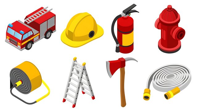 An illustration showing a fire truck, helmet, fire extinguisher, hydrant, hose reel, ladder, axe, and coiled hose.