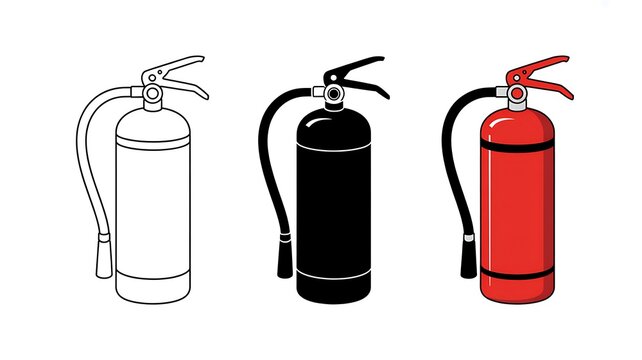 A stylized 2D illustration of three fire extinguishers in different colors.