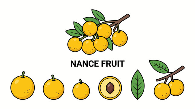Nance Fruit Yellow Berries Leaves and Cross Section Cartoon Vector Illustration Set