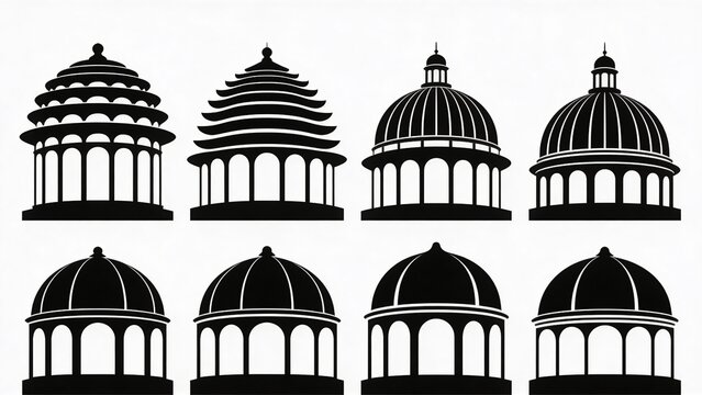  features a set of eight black silhouettes of architectural domes arranged in two rows against a white background. Each silhouette showcases a distinct style, with variations in the curvature and deta