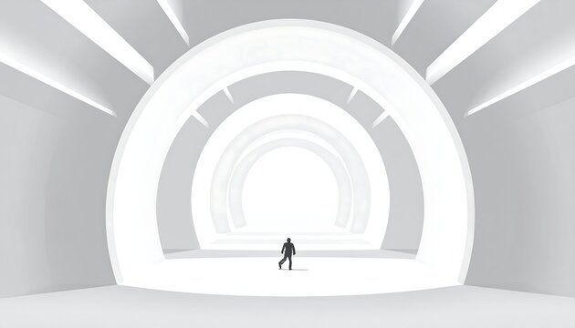 A small human figure walks toward an illuminated tunnel of white arches, appearing insignificant in this bright, abstract landscape