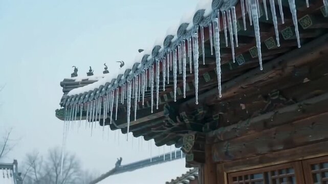 겨울에 고드름 매달린 처마 밑 풍경