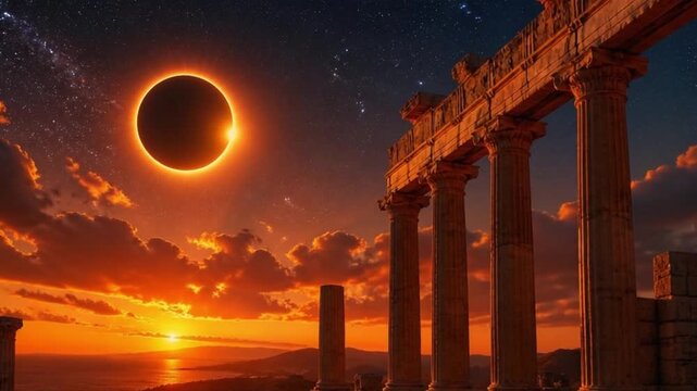 Solar Eclipse Framed by Ancient Temple Columns. 4K Video