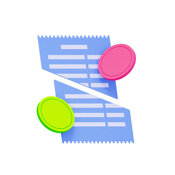 3D illustration of torn receipt with floating coins for payment split, billing division, cost sharing, financial transaction, and invoice settlement.