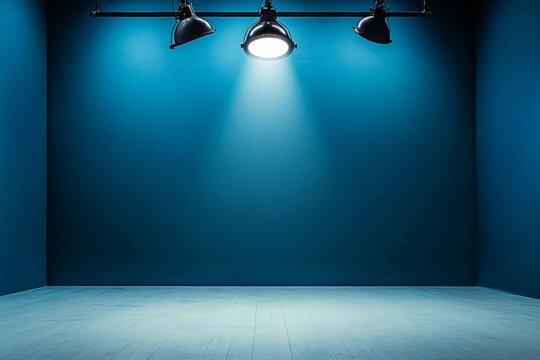 Empty room with blue walls and floor and three spotlights hanging from ceiling
