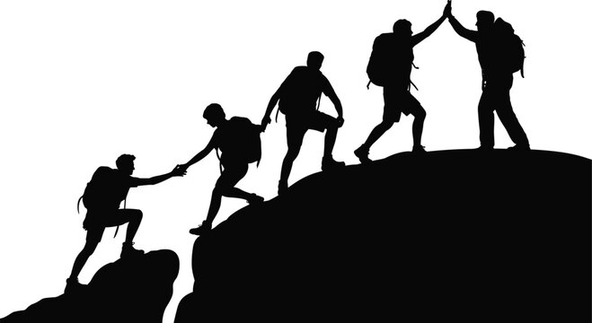 Silhouetted Hikers Ascending a Mountain Peak in a Teamwork High Five Celebration success group