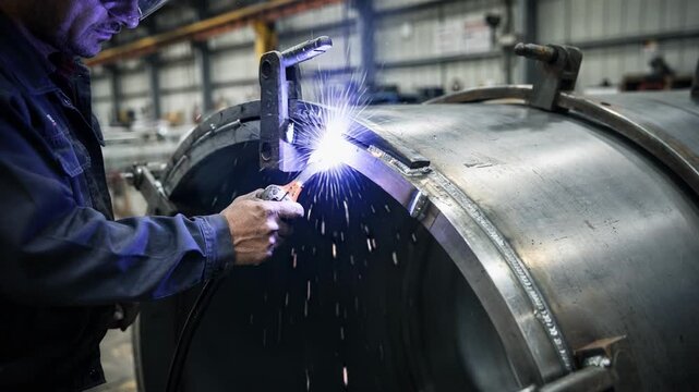 Closeup medium shot of operator aligning rolled shell sections for large silo assembly emphasizing craftsmanship and structural integrity in manufacturing