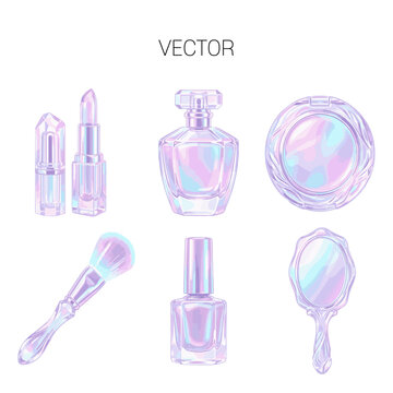 Surreal Holographic Beauty Products and Iridescent Cosmetics Vector Set
