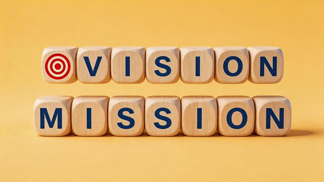 Wooden cubes spelling vision and mission words on yellow background, corporate strategy planning, company goals and objectives concept for business development