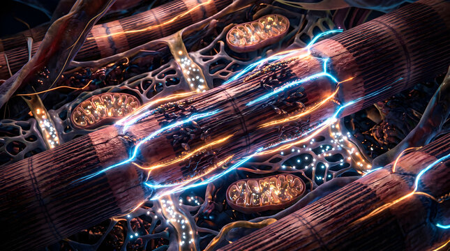 Skeletal muscle fiber microstructure. Myofibril contraction and mitochondria energy production. Physiology and biotechnology concept.
