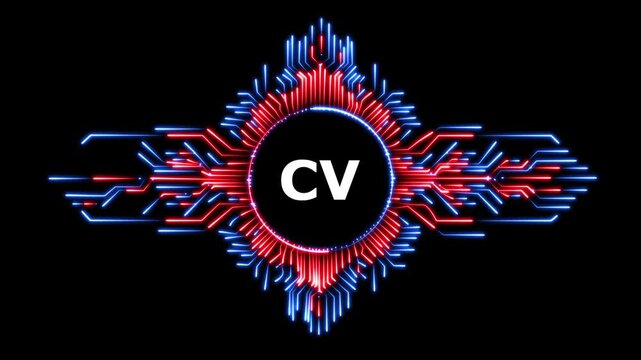 Neon digital circuit pattern with letters cv in center animated motion graphic.
