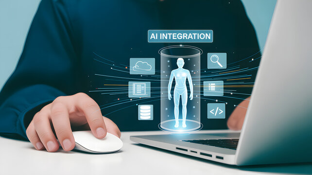 Person using laptop with ai integration interface on screen for technology and innovation