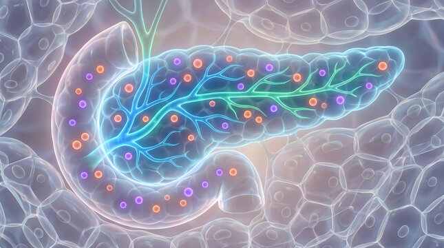Human pancreas gland anatomy. Insulin and glucagon endocrine hormone secretion. Diabetes healthcare and medical illustration.