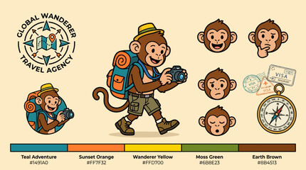 Cartoon monkey travel adventure illustration set. © king