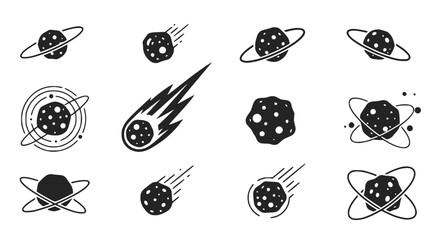 Space Icons: Meteors, Planets, and Asteroids with Rings and Orbits © Ceblok