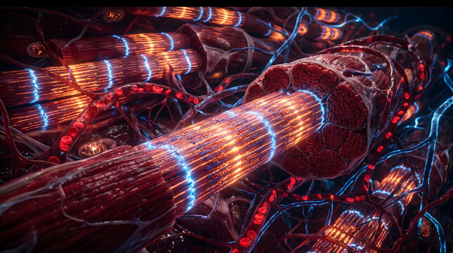 Skeletal muscle fascicle bundle. Striated myofibril tissue contraction structure. Musculoskeletal anatomy and sports medicine illustration.