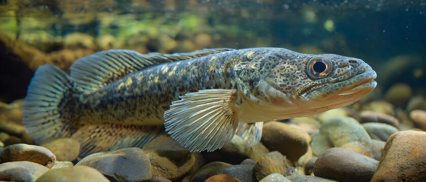 An adult snakehead fish in a river, resting on rocks near the water's edge. Background illustration of aquatic animals.