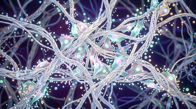 Microscopic collagen fiber network. Fibroblast cell activation. Luxury skincare and dermatology biotechnology concept.