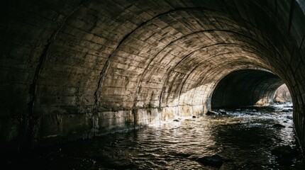 Naklejka premium Dark Arched Tunnel with Flowing Water and Light Reflections.