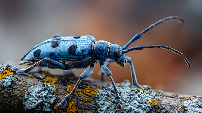 A longhorn beetle on an oak tree branch, with a blue and black body. An illustration of a land animal against a background.